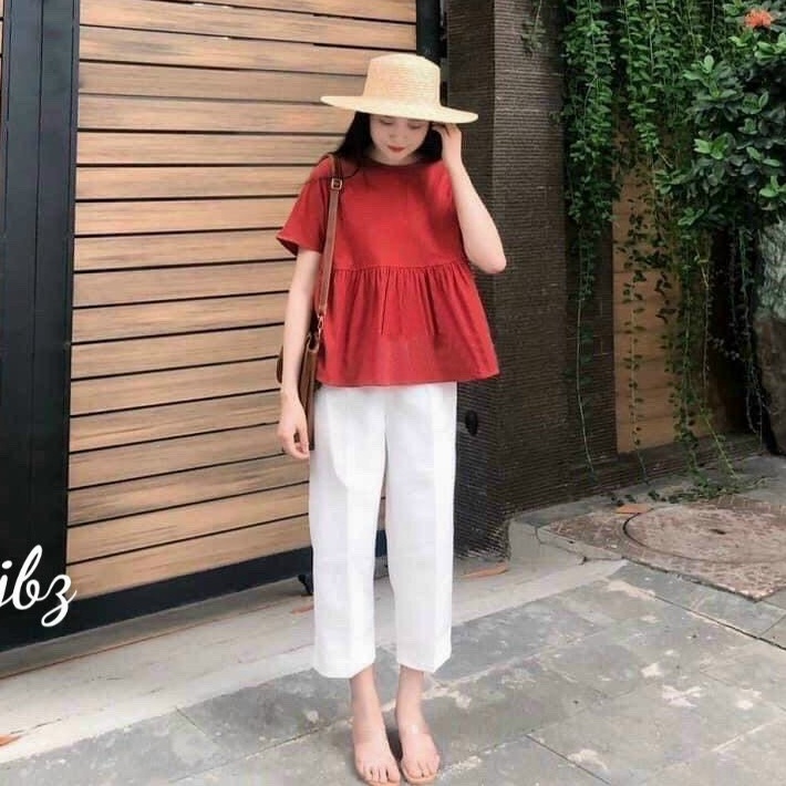 Set đồ bộ quần dài trắng kèm áo cổ tròn cột nơ lưng dễ thương mặc đi chơi, ở nhà