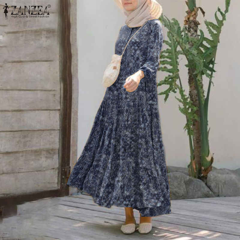 Đầm Maxi ZANZEA Tay Dài In Họa Tiết Phong Cách Nữ Hồi Giáo Thời Trang