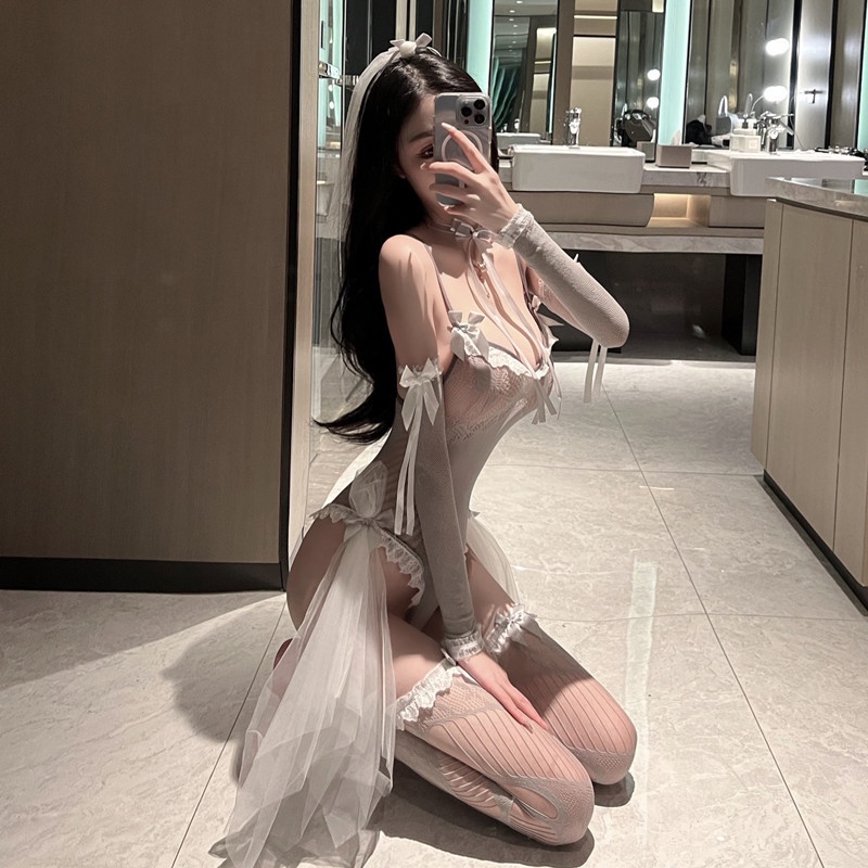 Cosplay cô dâu ren lưới co dãn kèm voan đội đầu sexy - bodysuit ngủ hóa trang bride kèm tất