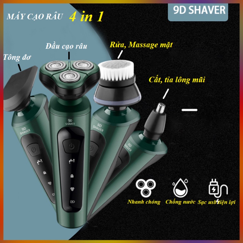 Máy Cạo Râu 9D 4 in 1 SHAVER Kèm 6 Phụ Kiện Cao Cấp, 3 Lưỡi Mini Siêu Bền, Lưỡi Xoay Đa Chiều, Bảo Hành 12 Tháng