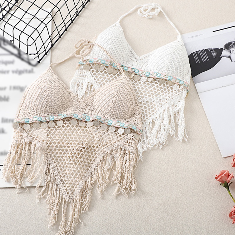 Áo Lót Bikini Cổ Chữ V Hở Lưng Có Viền Tua Rua Kim Sa Lấp Lánh Quyến Rũ Cho Nữ