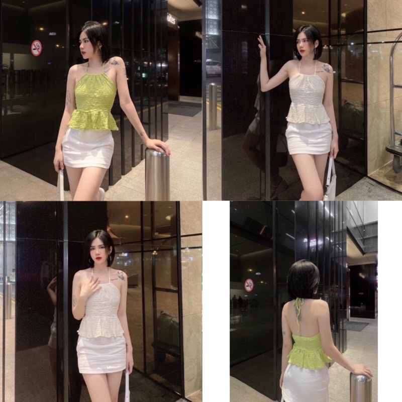Áo Kiểu Nữ, Áo Cổ Yếm Croptop Hở Lưng Thân Nhún Xoè Chất Dầy Dặn Form Xinh Xắn Tôn Dáng - Loni Croptop