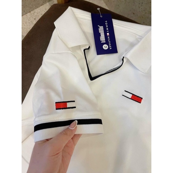 Áo Polo Trắng Viền Đen Cổ Chữ V Áo Phông Polo Trắng Đen Cho Bạn Nữ