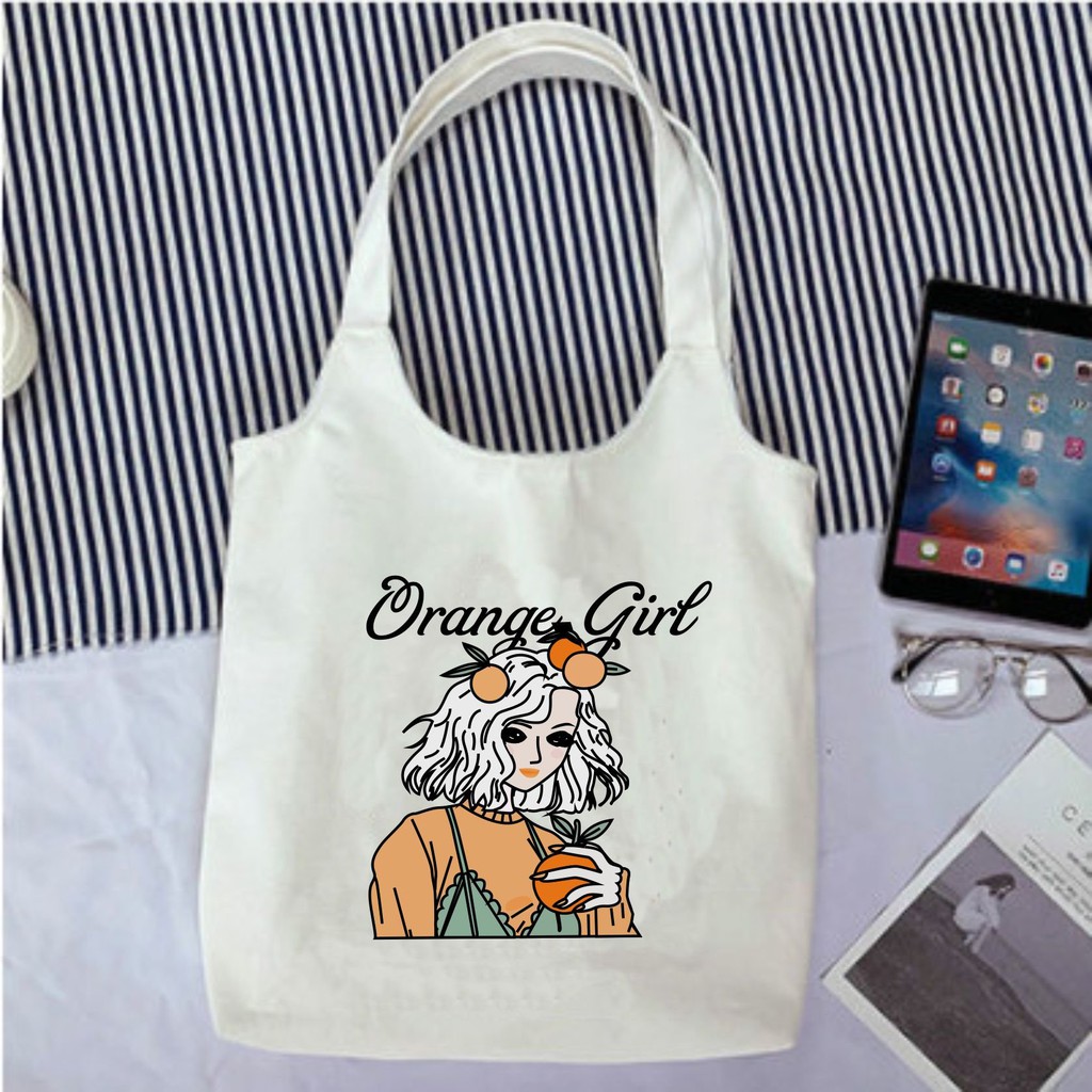 Túi tote vải canvas họa tiết cô gái dễ thương có khóa miệng