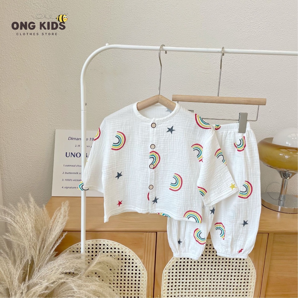 Set quần áo sơ sinh vải xô hình cầu vồng tay lỡ Hàn Quốc, Bộ quần áo bé trai bé gái cá tính mềm mịn thoáng mát