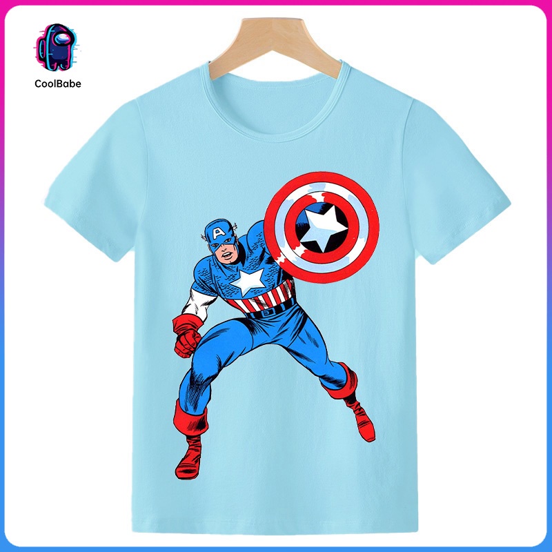 Áo Thun Cotton Tay Ngắn Cổ Tròn IN Họa Tiết Hoạt Hình Captain America Dành Cho Trẻ Em