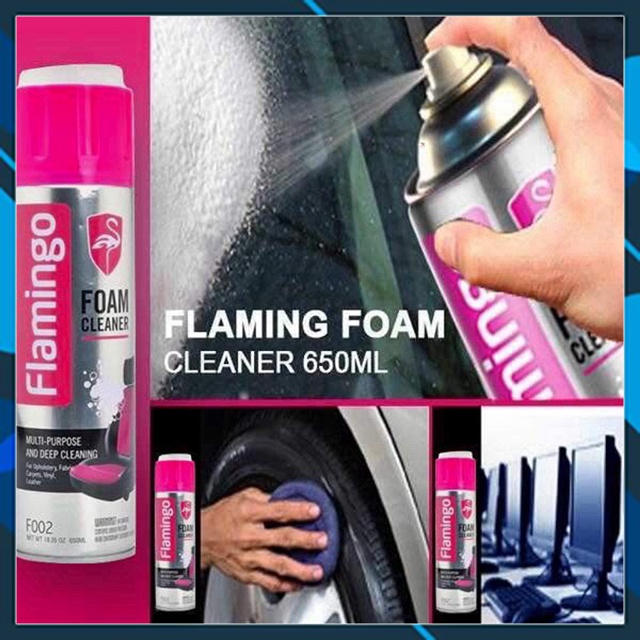 Bình Vệ Sinh Nội Thất Ô Tô, Làm Sạch Ghế Da Flamingo Foam Cleaner F002  650ml - Tặng Khăn Lau Chuyên Dụng