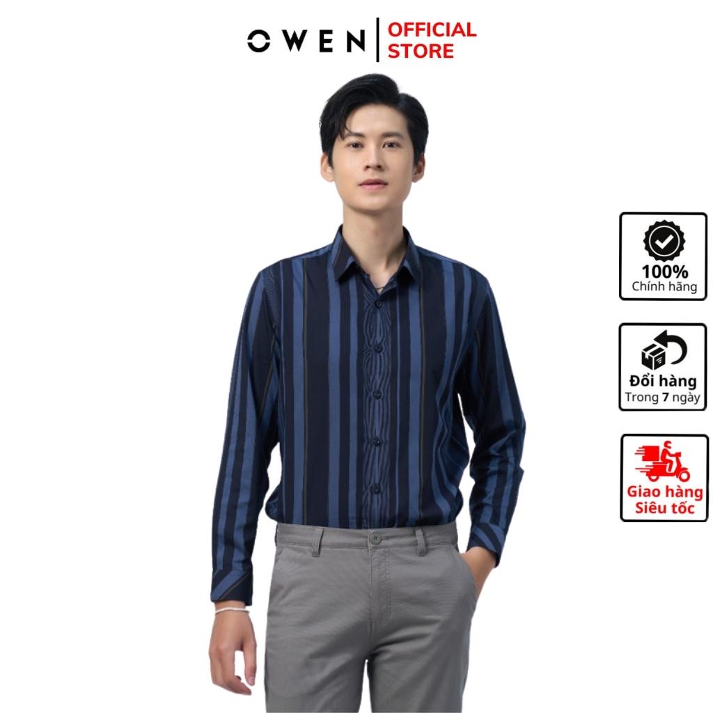 Áo sơ mi dài tay nam OWEN AS220154D somi công sở Vải Sợi Tre cao cấp Kẻ Sọc Xanh Be Nền Navy Dáng Ôm Tà Lượn Không Túi