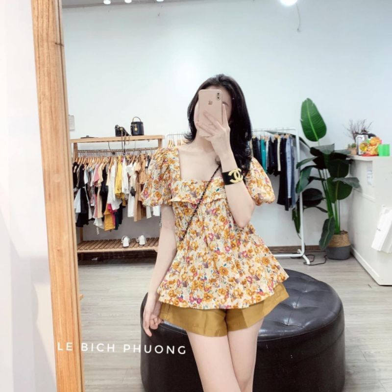 set bộ đồ áo quần ngắn hoa cam xanh lá cổ vuông suông rộng bèo babydoll đi chơi dạo biển du lịch bầu sau sinh mặc nhà