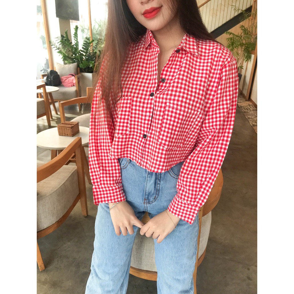 ÁO SƠ MI CARO CROPTOP TAY DÀI 2 TÚI