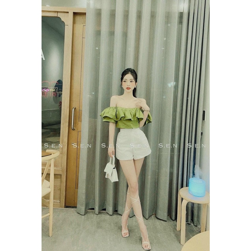 [Ảnh thật/Sẵn] Áo croptop trễ vai viền bèo tay bồng khóa sau lưng ulzzang