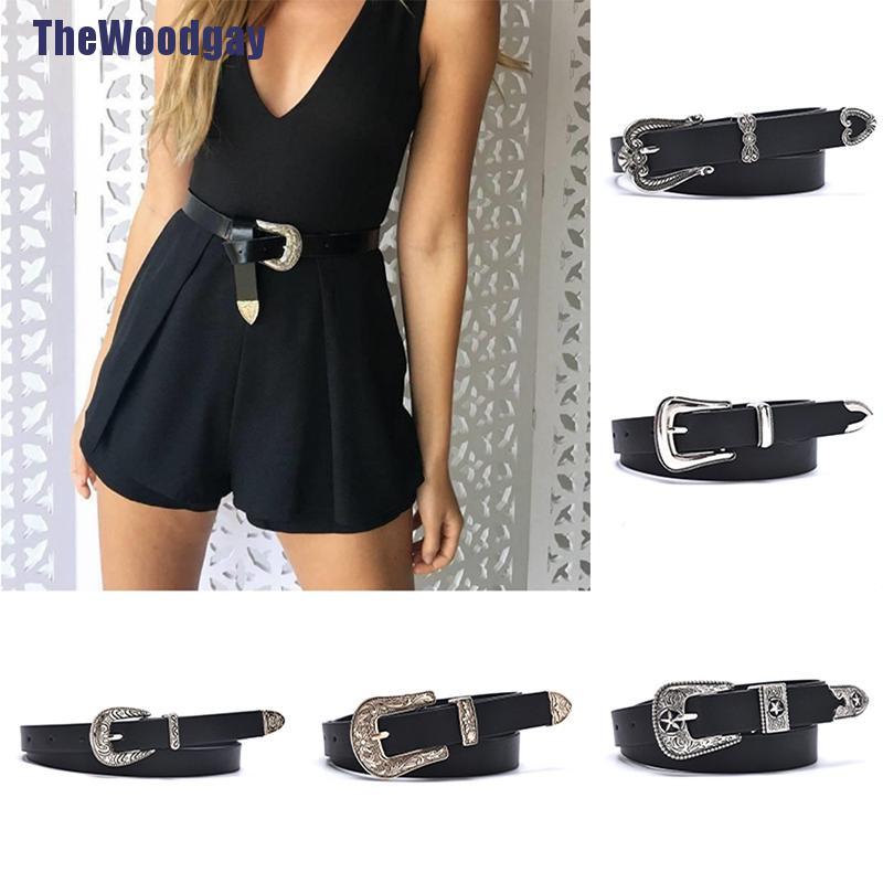 Thắt Lưng Da Màu Đen Khóa Kim Loại Trái Tim Phong Cách Vintage Cho Nữ