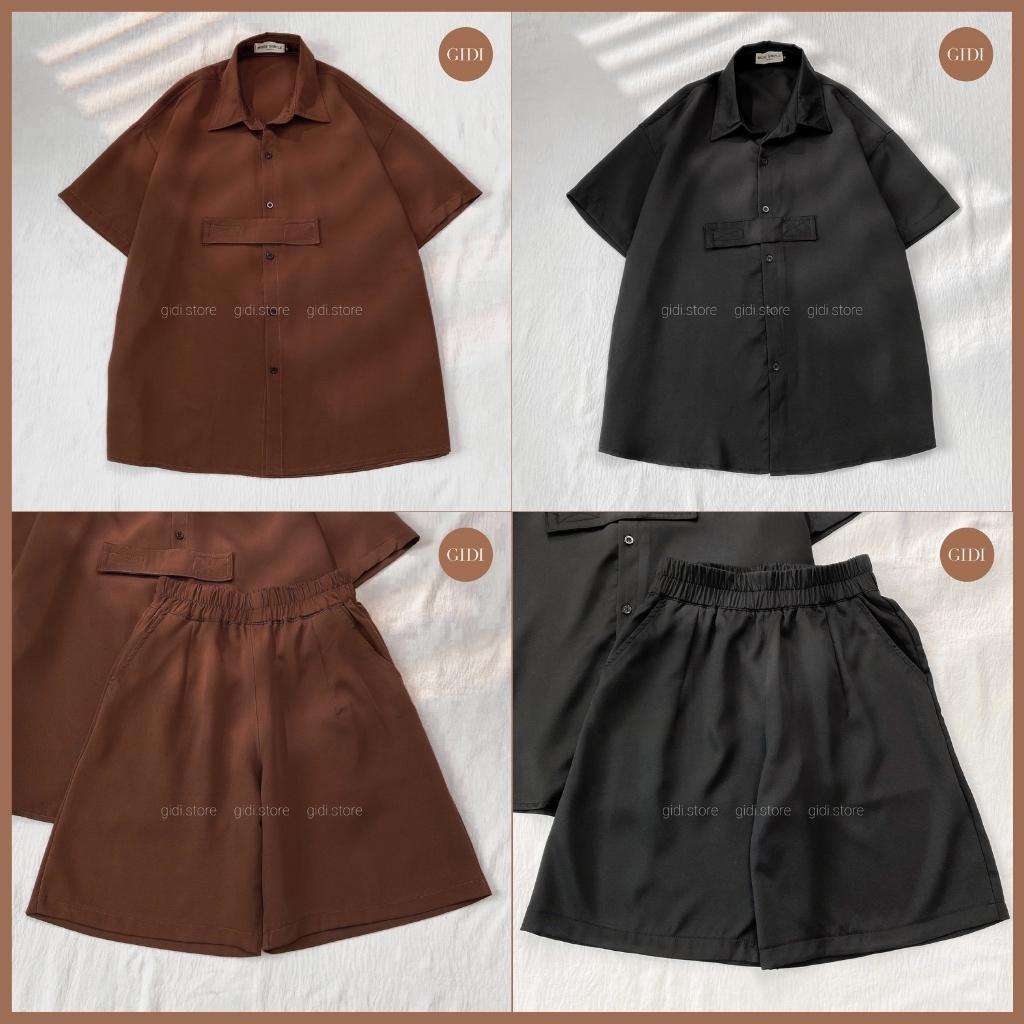 Set đồ DELY Nam Nữ Unisex áo sơ mi tay lỡ và quần short - Vải Cotton Lụa Form Rộng Phong Cách Ulzzang