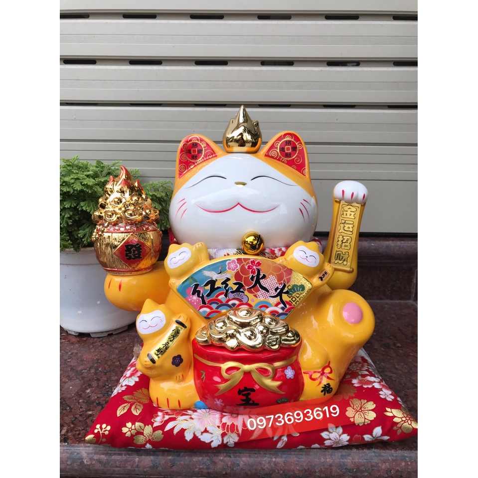 MẪU MỚI mèo thần tài vẫy tay may mắn maneki neko màu vàng hoàng kim 28cm