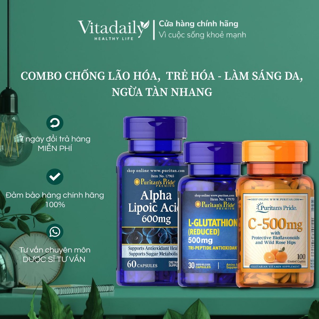 Combo viên uống trắng da, chống lão hóa, ngừa tàn nhan Glutathione &amp; Vitamin c &amp; Alpha Lipoic Acid Puritan’s Pride
