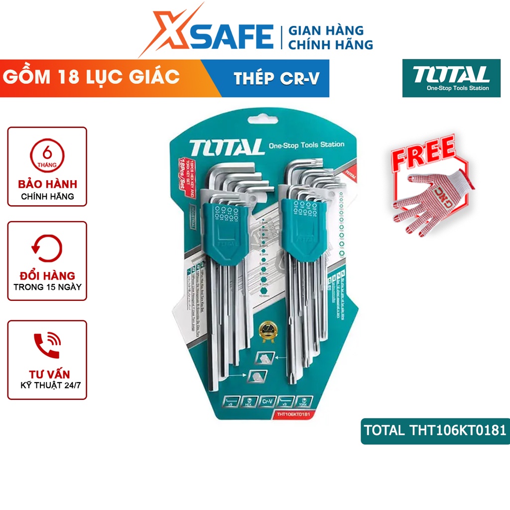 Bộ chìa lục giác bi và lục giác bông TOTAL THT106KT0181 Lục giác làm từ chất liệu Cr-V cứng cáp, chịu lực cao