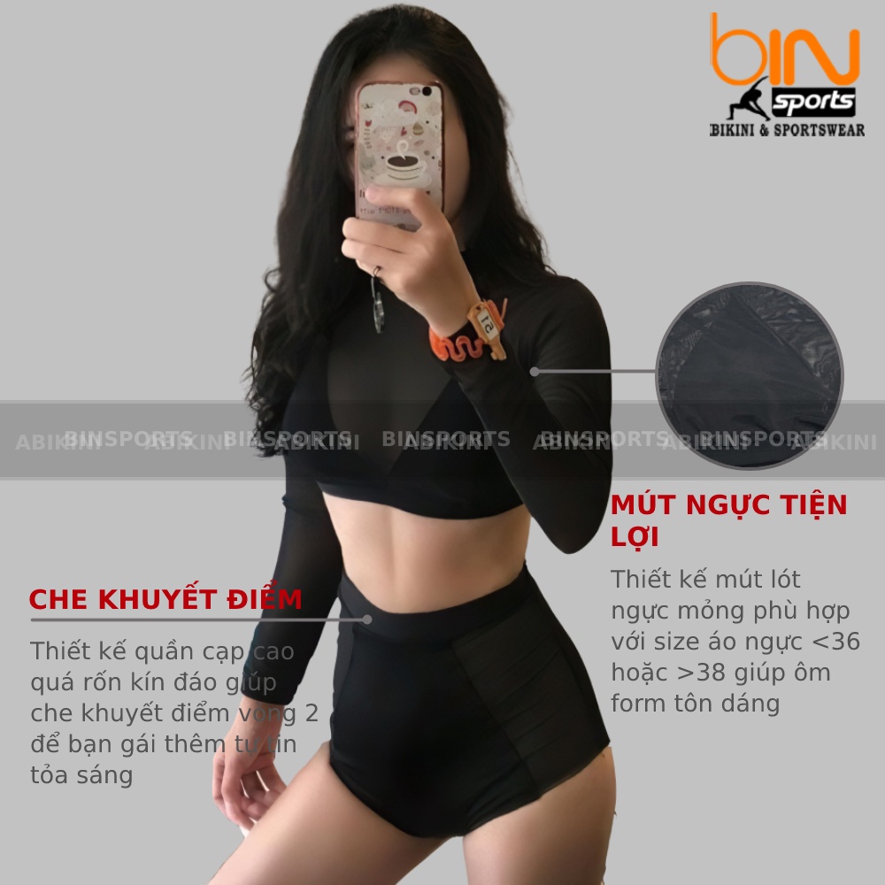 Bikini Nữ Hai Mảnh Tay Dài Phối Lưới Freesize Bin Sports BHV016