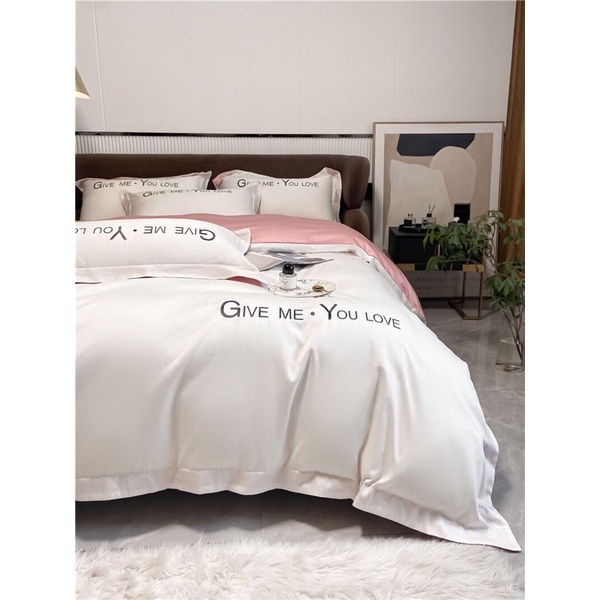 Bộ Chăn Ga Phi Lụa Cao Cấp,Mềm Mại ,Thoáng Mát Thêu Chữ Give Me Love You Tinh Tế-Có Đủ Kích Thước Giường