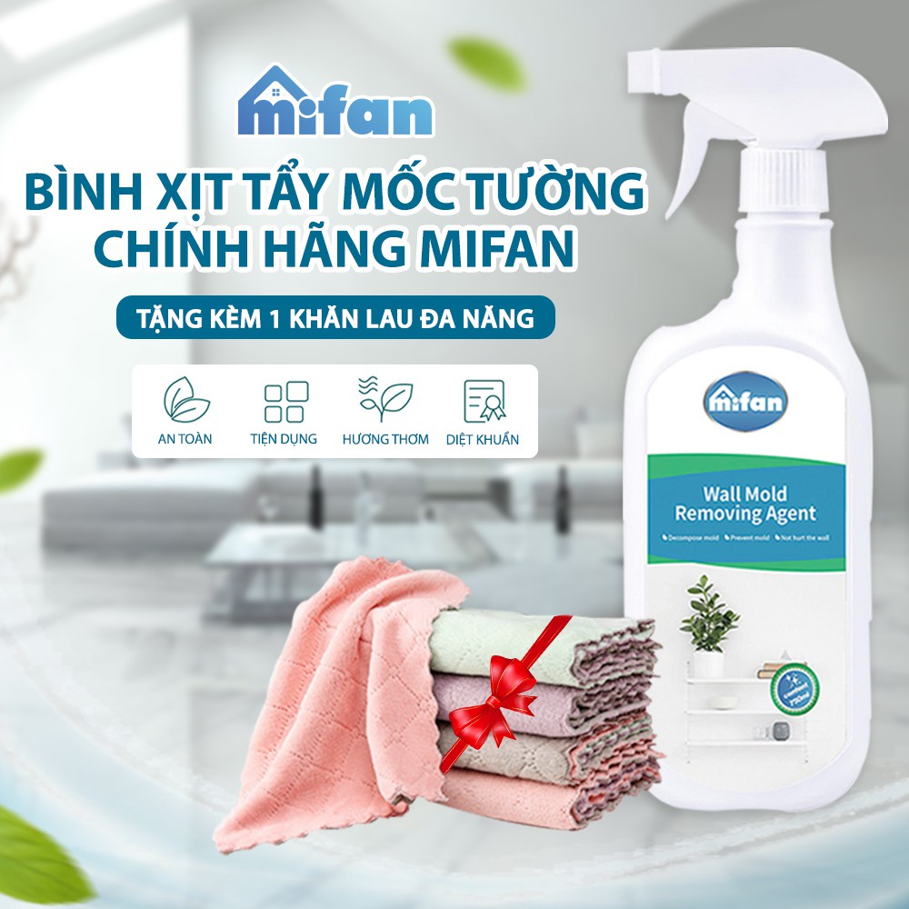 Bình Xịt Tẩy Mốc Tường MIFAN 750ml - Tẩy Sạch Vết Mốc Lâu Ngày Trên Tường, Sàn Gạch, Nội Thất - Tặng Kèm Khăn Đa Năng