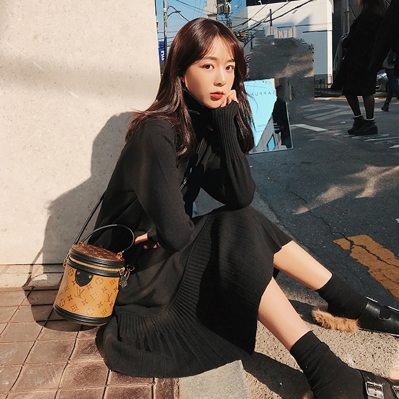 Đầm Sweater Dệt Kim Tay Dài Cổ Lọ Thiết Kế Mới Thời Trang Mùa Thu Đông Dành Cho Nữ