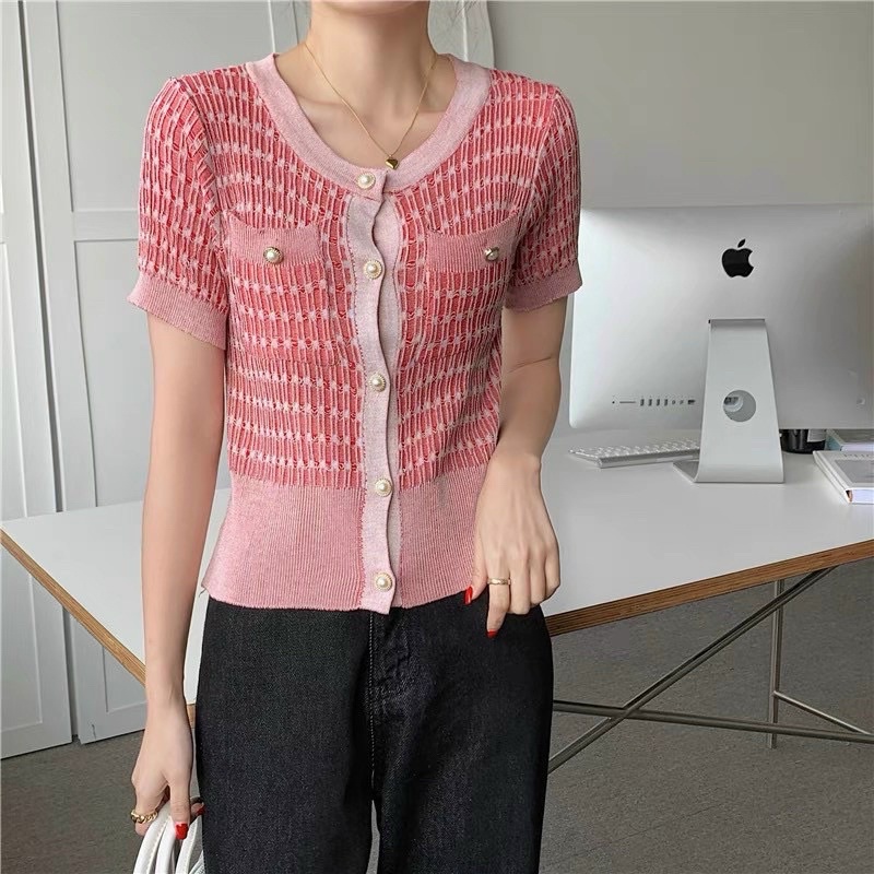 [Ảnh thật/Video]Áo mongtogi Hồng đính ngọc ngắn tay Áo lem Hàn Quốc sang chảnh