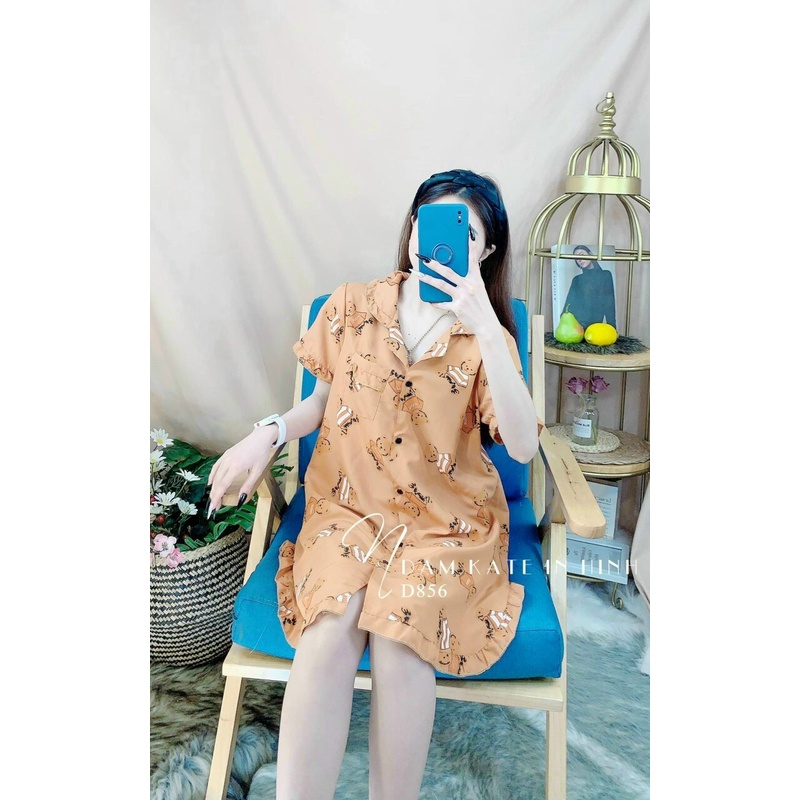 Váy Đầm Nữ-Đầm nữ kiểu dáng sơ mi vải LỤA HÀN in hình gấu siêu xinh Freesize dưới 58kg