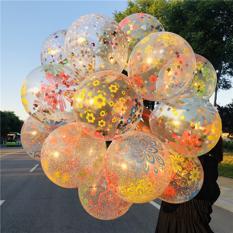 Bong Bóng Cao Su Trong Suốt 12 Inch Phối Hoa Giấy Lấp Lánh Màu Vàng Đồng Cho Tiệc Sinh Nhật/ Đám Cưới
