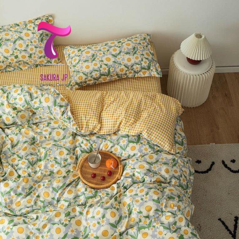 HÀNG MỚI- Bộ ga giường và vỏ gối Cotton Poly Lụa Vintage Hoa Cúc -BST Chăn Ga Gối Poly Cotton