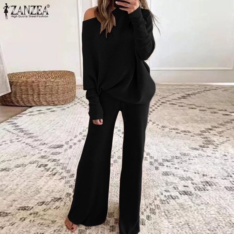 Set đồ ZANZEA áo cổ tròn tay cánh dơi kèm quần ống rộng lưng cao giữ ấm thời trang giản dị dành cho nữ