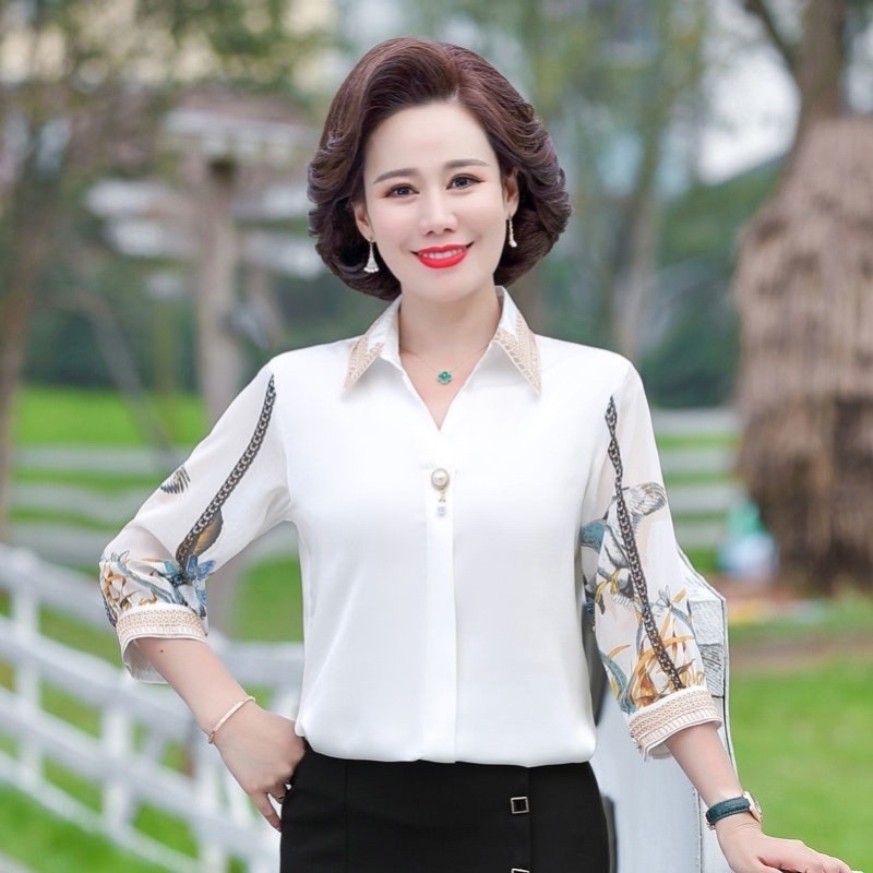 áo sơ mi lụa Quảng Châu cao cấp cho trung niên nữ tay phối họa tiết phong cách sang trọng thanh lịch món quà tặng mẹ