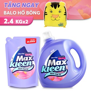 Combo nước Giặt Xả MaxKleen Hương Hoa Nắng chai 2,4kg + túi 2.4kg tặng balo hổ bông