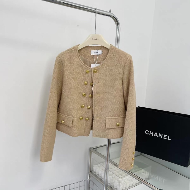 Áo khoác dạ tweed nữ, dáng ngắn cổ tròn cúc đồng sang chảnh 03 màu sắc sẵn đen- trắng