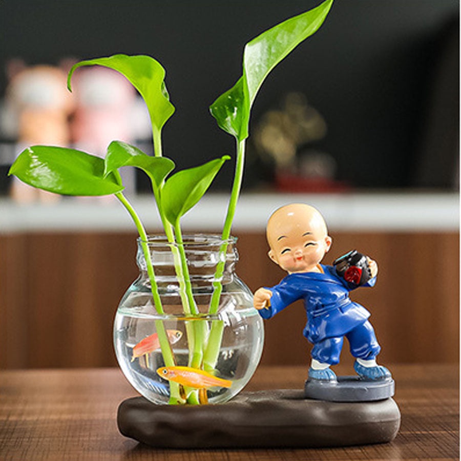 Bộ 4 Tượng Chú Tiểu Luyện Võ Kèm Lọ Hoa Trồng Cây Có Chân Đế, Bình Thủy Sinh Chú Tiểu
