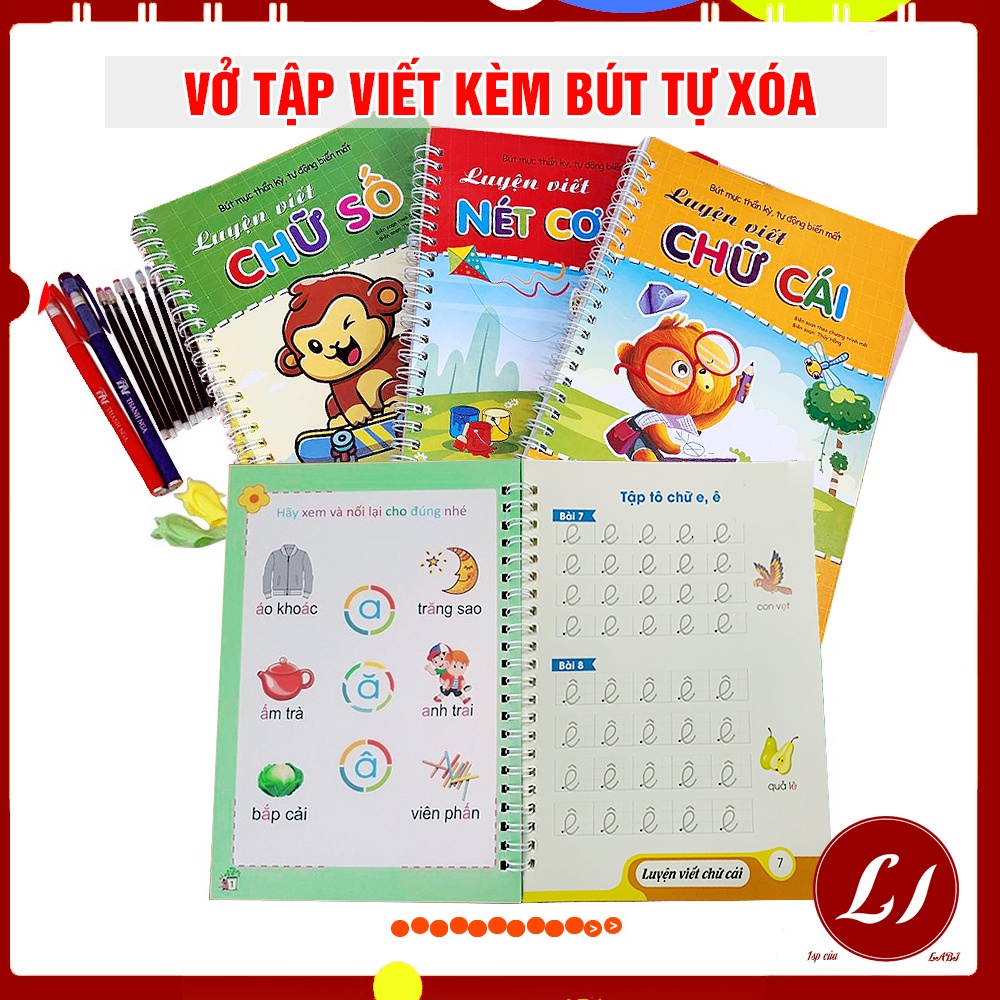 Bộ 3 Vở tập viết nét Lõm TỰ XÓA kèm bút tự bay màu cho bé luyện dễ dàng (2bút + 6ngòi + 2 định vị cầm bút)