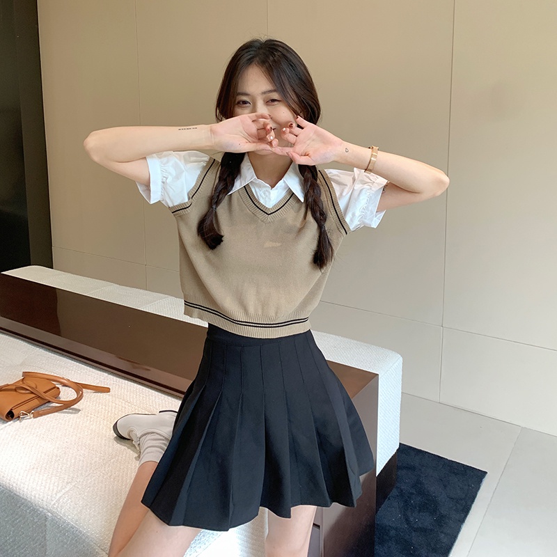 Áo sơ mi croptop XIAOZHAINV tay ngắn cổ bẻ màu sắc tương phản phong cách Hàn Quốc cho nữ