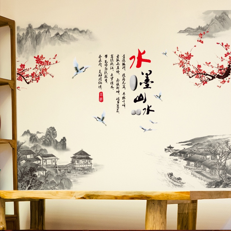 Tranh dán tường phong cảnh thủy mặc 120x80, Tranh 3D trang trí phòng khách