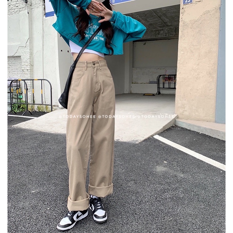 Quần jeans suông màu kaki