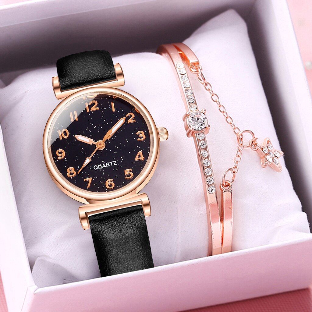 Đồng Hồ Đeo Tay Dây Da Mặt Ánh Sao Xinh Xắn Dành Cho Nữ