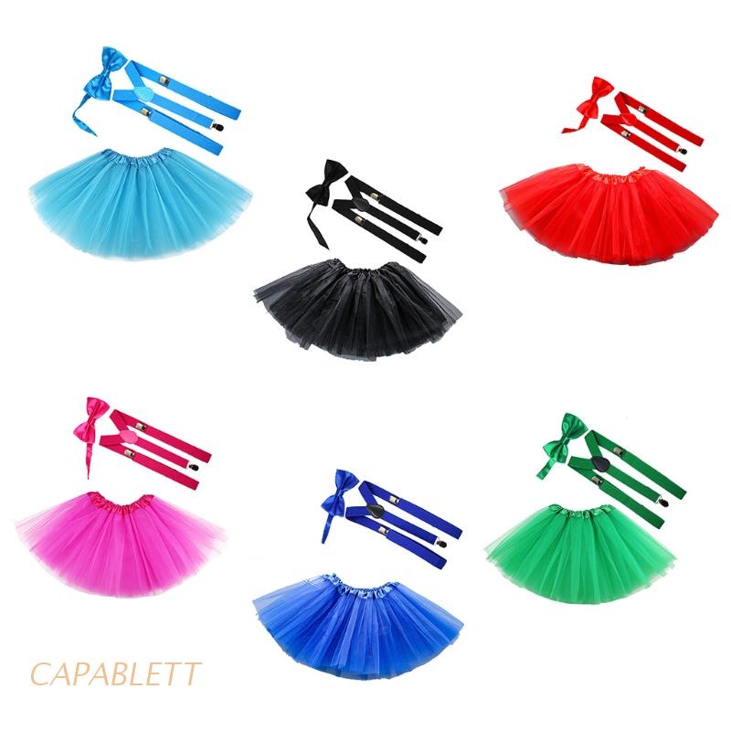 Set trang phục dự tiệc 3 trong 1 cho trẻ em với dây đeo+cà vạt nơ+chân váy tutu vải tuyn 3 tầng
