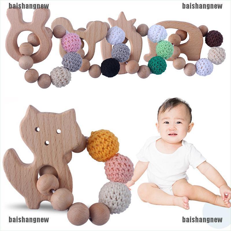 Bnvn 5# Wooden Rattle Beech Bear Hand Teething Ring Baby Rattles Play Stroller Toy Bnvv