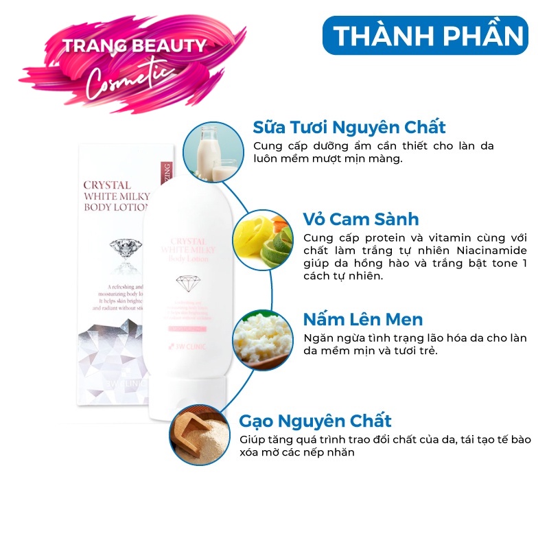 Kem dưỡng thể Body trắng da nâng tone Body Crystal White Milk Lotion 3W Clinic Hàn Quốc 150g