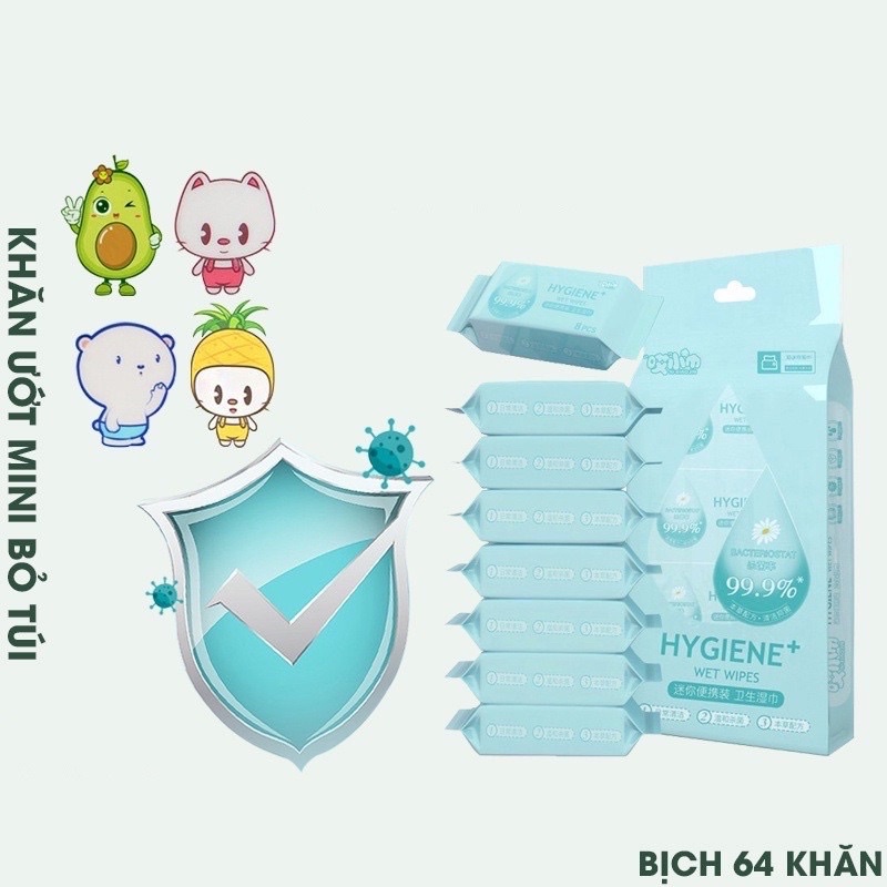 Gói 8 khăn ướt mini, Combo 64 khăn ướt mini, Khăn giấy ướt nhỏ gọn bỏ túi tiện lợi