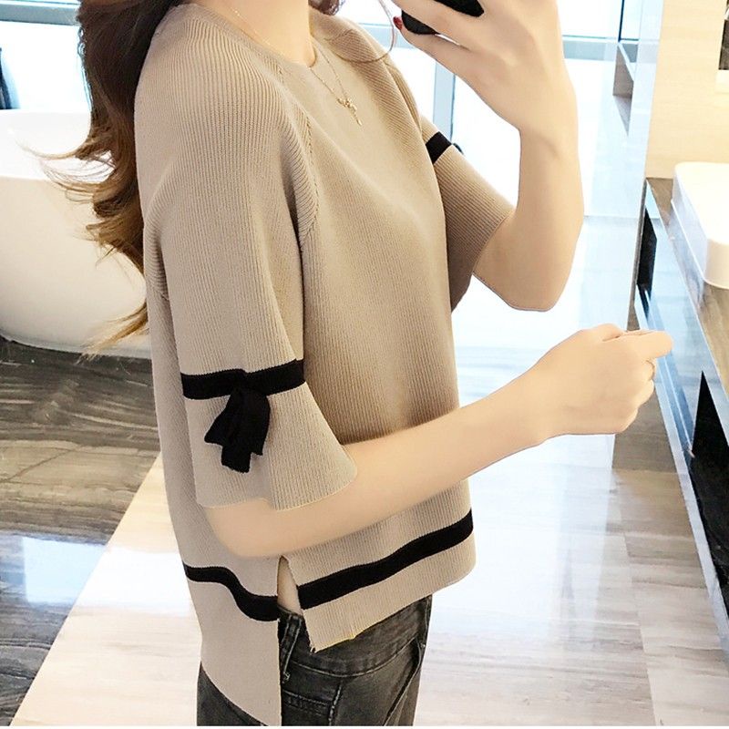 Áo Thun Nữ Tay Ngắn Cổ Tròn Thắt Nơ Ống Tay