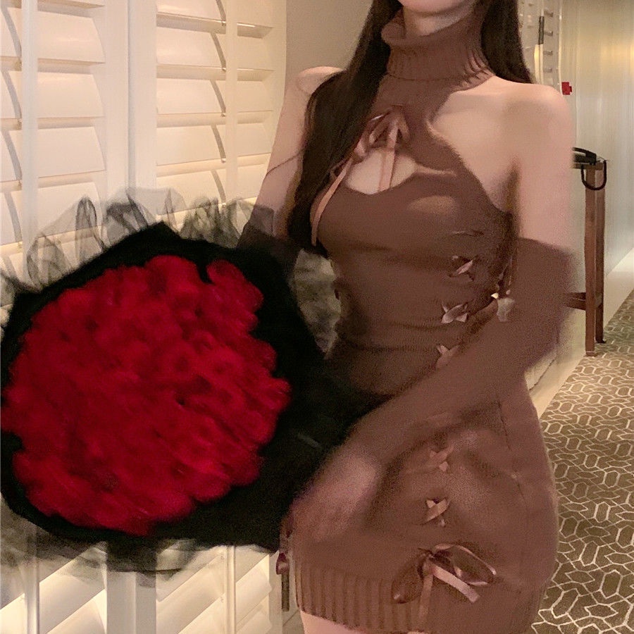 Pure desire, gentle and sweet high neck knitted dress, women's dress, autumn 2021 new short skirt, off-the-shoulder long