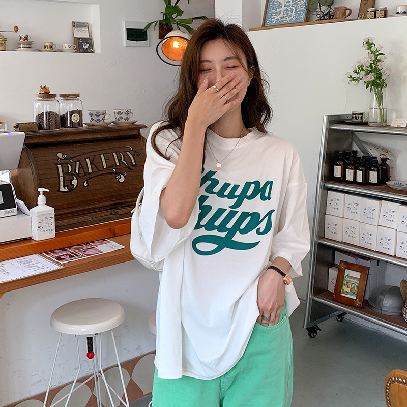 Áo thun SUXI tay ngắn cổ tròn dáng rộng in chữ thời trang mùa hè cho nữ