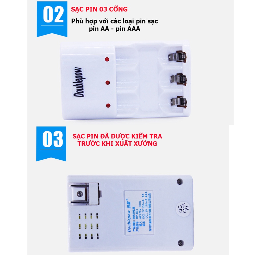 Bộ sạc pin tiểu AA AAA 3 cổng Doublepow DP-B33 - Sạc pin tiểu đa năng Nimh Nicd tiêu chuẩn