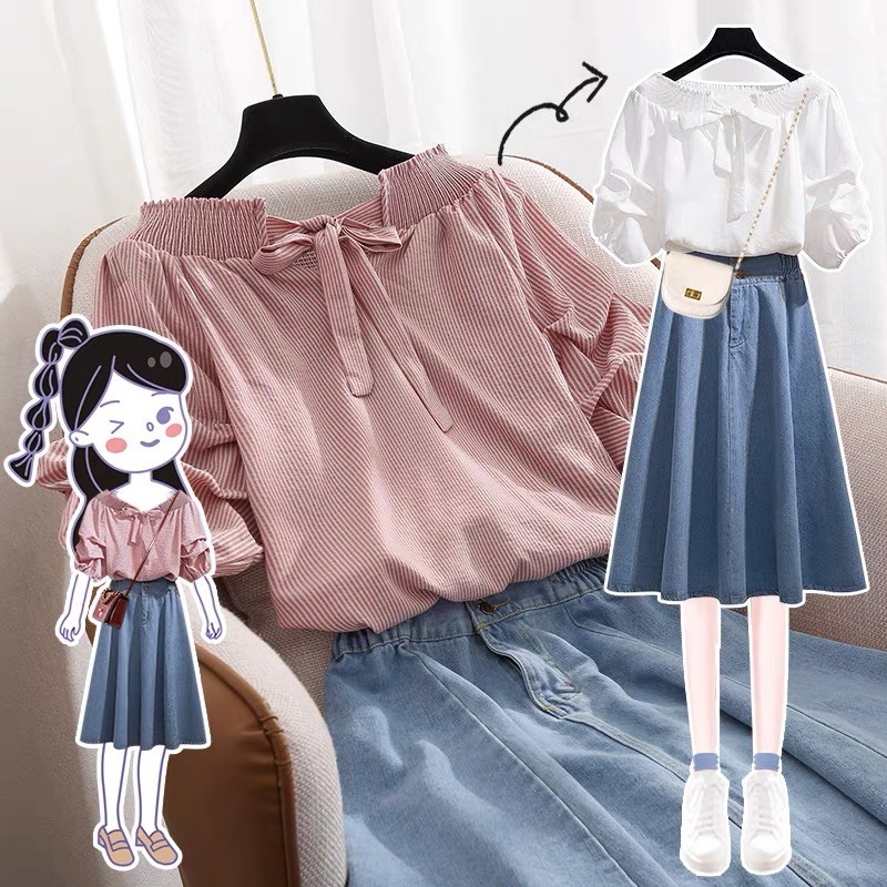 set chân váy bò áo trễ vai phong cách Hàn Quốc vintage