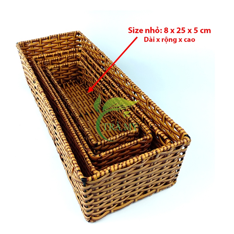 Khay chữ nhật dài nhựa mây đan đựng bánh mì, rổ nhựa mây đan chữ nhật dài dựng dụng cụ - Mây Tre Trà  My