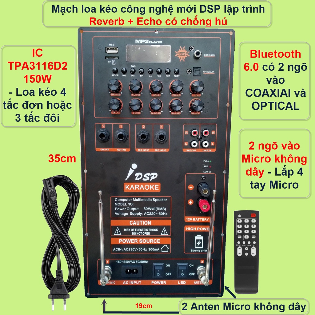 Mạch loa kéo 2 kênh riêng biệt Reverb Echo chống hú 2 IC TPA3116D2 150W + 150W cho loa kéo 4 tấc đôi - mạch đứng