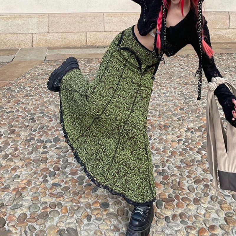 Chân Váy Maxi Đuôi Cá Lưng Cao Họa Tiết Hoa Phong Cách Harajuku Cho Nữ